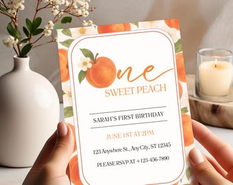 One Sweet Peach Birthday Invitation | First Birthday, Canva Template (Digital Download)