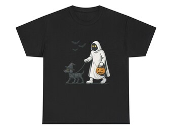 Camiseta de perro fantasma de Halloween: Camiseta unisex de algodón de temporada espeluznante