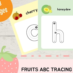 Hojas de trabajo para trazar letras minúsculas – PDF imprimible para practicar la escritura a mano del abecedario – Tema de frutas para preescolar y educación en casa. Habilidades motoras finas.