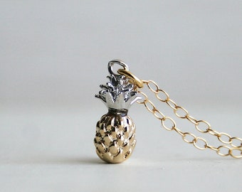 Tiny Pineapple necklace in Rhodium and Gold