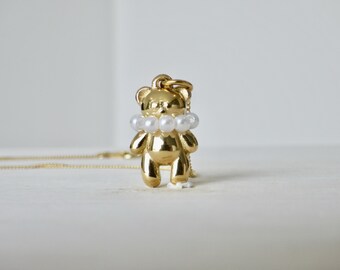Gold Teddy Bear Necklace with Pearl