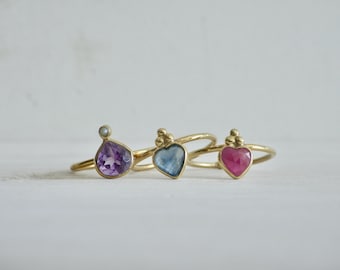 Dainty Heart Ring  & Amethyst Teardrop Ring