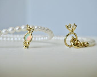 Fresh water pearl long necklace with Opal and Tiny ring connector
