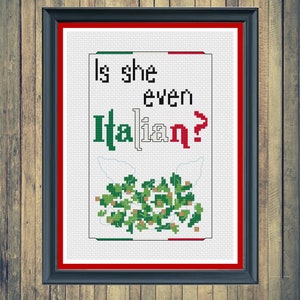 May include: Cross-stitch pattern with the text "Is she even Italian?" in white, red, and green letters. The Italian flag colors are displayed in the background. A green, white, and red image of Italy is below the text.