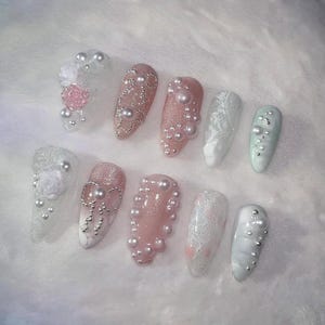 Elegant Pearl & Lace Press On Nails | 3D Vintage Romance | Bridal Set