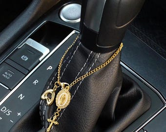 Custom Virgin Mary Cross Steering Wheel Rosary Charm with Bubble Initial
