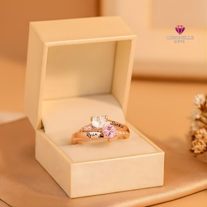 Custom Engraved Sterling Silver Two Heart Birthstone Ring