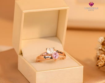 Custom Engraved Sterling Silver Two Heart Birthstone Ring