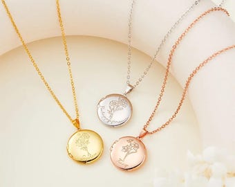 Personalized Birth Flower Photo Locket Necklace: Engraved Sterling Silver Keepsake