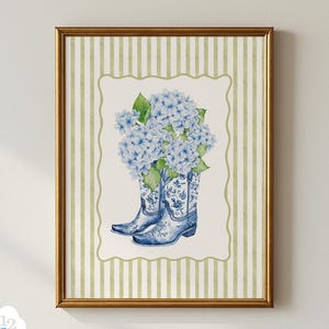 Hydrangea Wall Art Blue Hydrangeas Print Art Preppy Chinoiserie Southern Art Coastal Grandmother Sage Botanical Stripes Decor Digital Print