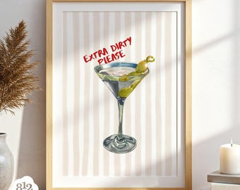 Martini Print | Martini Stripes Wall Art, Extra Dirty Please Martini Cocktail Digital Print, Wall Art Bar, Retro Cocktail Martini Poster