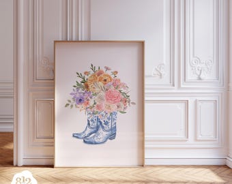 Chinoiserie Floral Cowgirl Boots Wall Art | Preppy Southern Decor, Light Blue Printable, Preppy Decor, Nancy Meyers Style, Digital Download