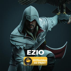 May include: A detailed 3D print of Ezio, a character from the Assassin's Creed video game series. The figure is in a dynamic pose, wearing a white and silver hooded outfit with red accents. The image includes the text "EZIO" and a logo.