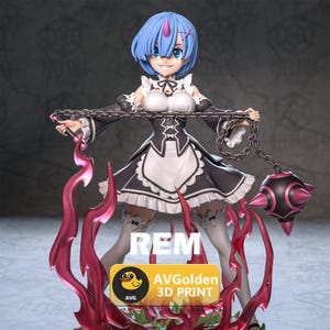 Könnte beinhalten: Eine detaillierte 3D-gedruckte Figur eines Charakters mit blauen Haaren und Augen, in einem schwarz-weißen Dienstmädchen-Outfit. Die Figur hält eine Kette mit einer Stachelkugel und ist von rosa Flammen umgeben. Der Text "REM" und "AVGolden 3D PRINT" sind sichtbar.