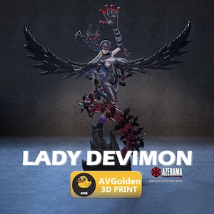 May include: A detailed 3D print of LadyDevimon, a character with black wings, a black bodysuit, and a skull emblem. The figure is posed dynamically with a dark background. The text "LADY DEVIMON" is displayed prominently.