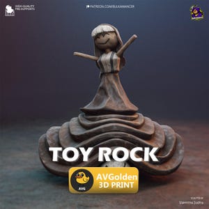 May include: A 3D-printed sculpture of a smiling figure with outstretched arms, atop a layered, rock-like base. The sculpture is a muted brown color, with the text "TOY ROCK" prominently displayed. A yellow and black logo with "AVGolden 3D PRINT" is also visible.