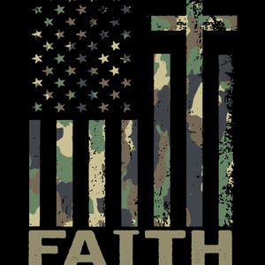 May include: A graphic design featuring an American flag with a camouflage pattern and a cross. The words "FAITH OVER FEAR" are printed in a distressed font at the bottom of the image. The background is black.