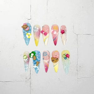 Cute Bear Press On Nails with Bows and Stars, Colorful Handmade Fake Nails for Girls, Kawaii 3D Cartoon Nail Art, Fun Gift for Her or Teens