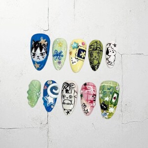 Anime Cartoon Press On Nails, Cute Handmade Fake Nails with Stars and Characters, Colorful Kawaii Pop Art Nails, Funny Nail Gift for Fans