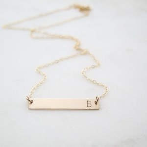 Custom Initial Gold Bar Necklace - Simple, Dainty Letter Hand Stamped Jewelry - by Betsy Farmer Designs