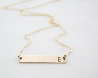 Custom Initial Gold Bar Necklace - Simple, Dainty Letter Hand Stamped Jewelry - by Betsy Farmer Designs