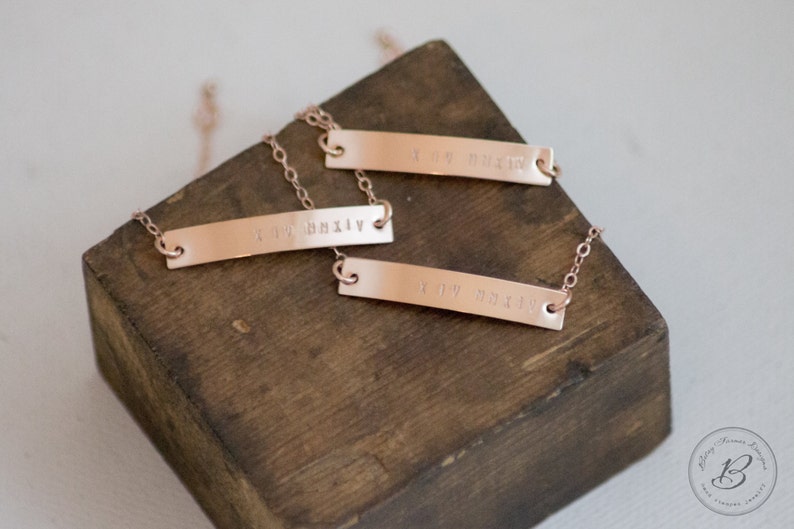 Rose Gold Fill Bar Bracelet Personalized Nameplate Customized Roman Numerals Hand Stamped Sterling Silver and 14 Kt Gold Fill Available Also image 4