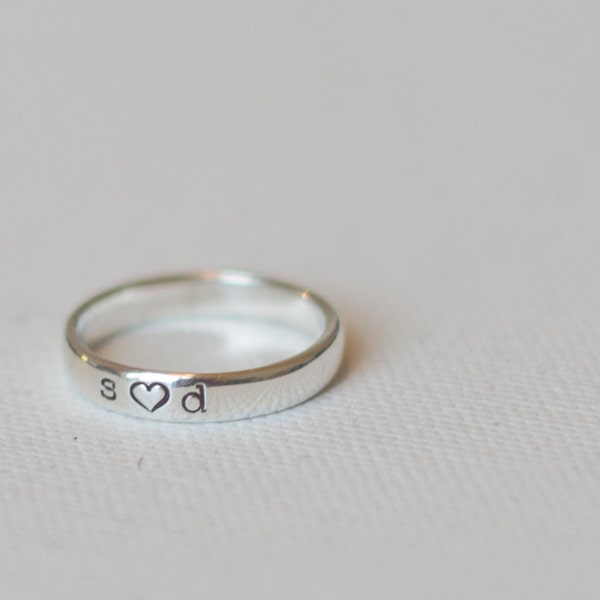 Couples Ring - Personalized Hand Stamped Ring - Sterling Silver - Heart