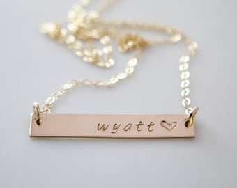 Customized Word Name with Heart Gold Bar Necklace - Hand Stamped Jewelry - Custom Gold Fill Necklace by Betsy Farmer Designs