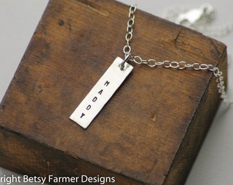 ONE Name - Hand Stamped Jewelry - Rectangle Tag - Mommy Necklace Sterling Silver - by Betsy Farmer Designs