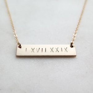 Double Sided Roman Numeral Thick Gold Bar Necklace 14k Gold Fill Hand Stamped Jewelry Layering Necklace by Betsy Farmer Designs image 1