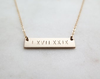 Double Sided Roman Numeral Thick Gold Bar Necklace - 14k Gold Fill - Hand Stamped Jewelry - Layering Necklace by Betsy Farmer Designs