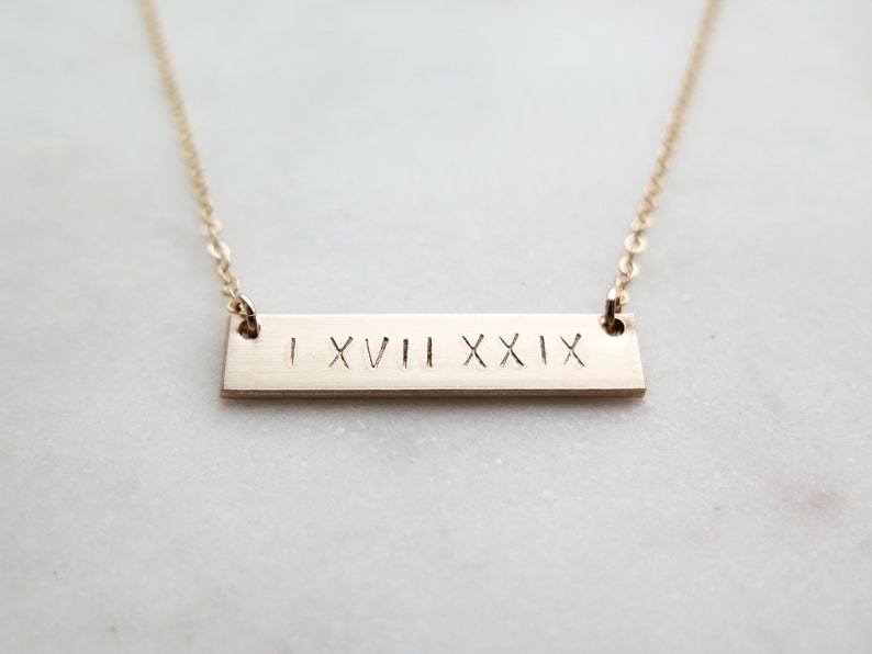 Double Sided Roman Numeral Thick Gold Bar Necklace 14k Gold Fill Hand Stamped Jewelry Layering Necklace by Betsy Farmer Designs image 1