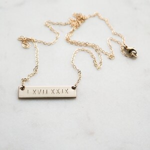 Double Sided Roman Numeral Thick Gold Bar Necklace 14k Gold Fill Hand Stamped Jewelry Layering Necklace by Betsy Farmer Designs image 3
