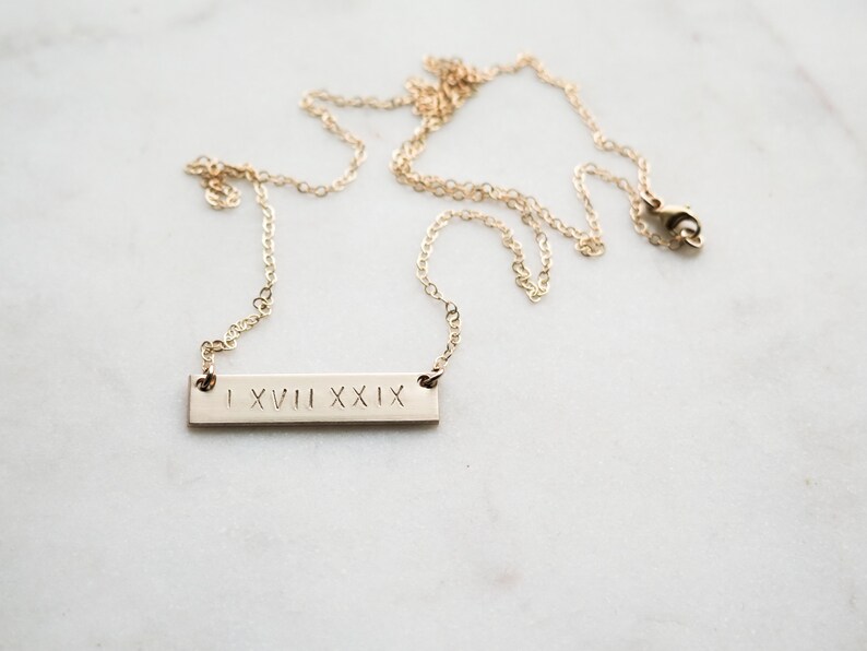 Double Sided Roman Numeral Thick Gold Bar Necklace 14k Gold Fill Hand Stamped Jewelry Layering Necklace by Betsy Farmer Designs image 3