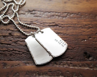 Personalized Dog Tag Necklace with Children's Birthdates and or Wedding Date Hand Stamped Sterling Silver Double Sided Thick Tags