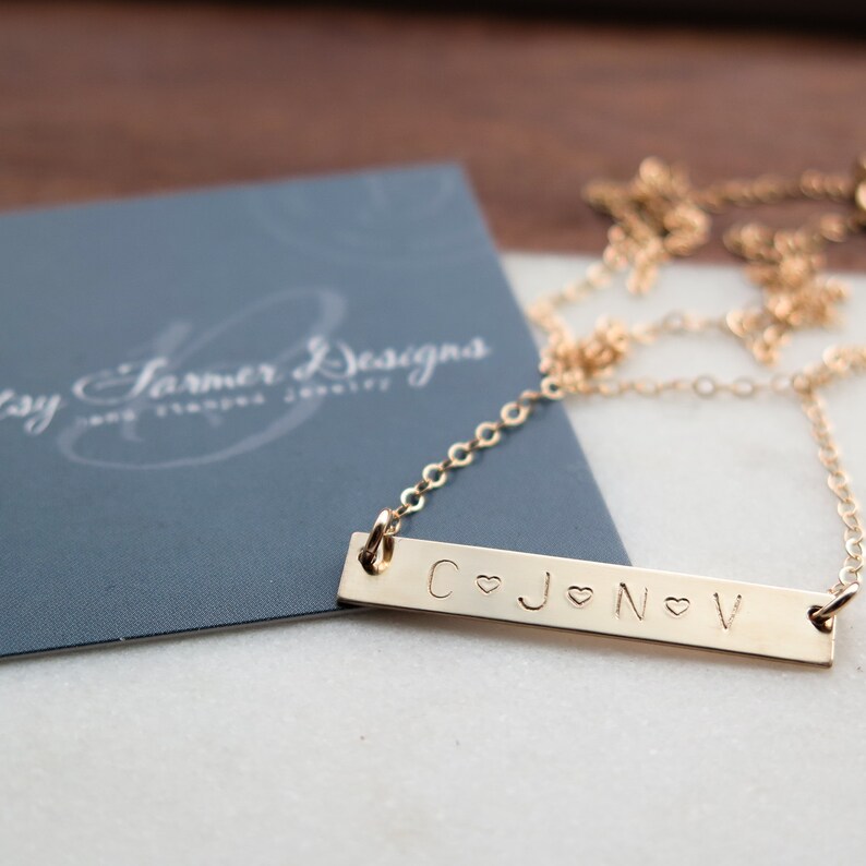 Custom Bar Necklace with Initials 14k Rose Gold Fill Necklace Hand Stamped Jewelry by Betsy Farmer Designs Dainty Jewelry Gift image 2