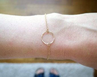 Karma Bracelet, Dainty Circle Jewelry, 14k Gold Fill or Sterling Silver Hammered Open Circle by Betsy Farmer Designs