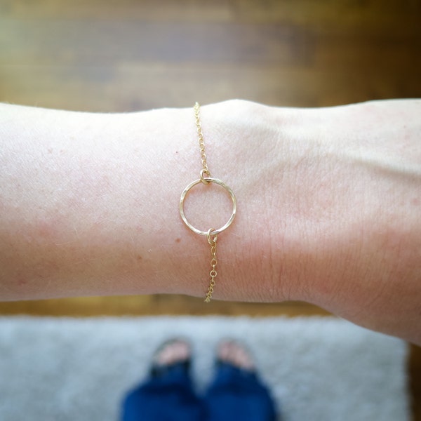 Karma Bracelet, Dainty Circle Jewelry, 14k Gold Fill or Sterling Silver Hammered Open Circle by Betsy Farmer Designs