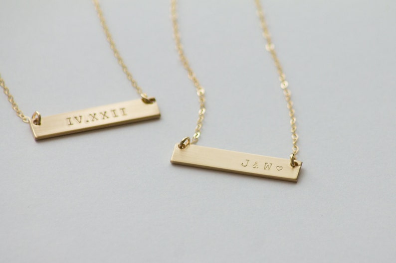 Double Sided Roman Numeral Thick Gold Bar Necklace 14k Gold Fill Hand Stamped Jewelry Layering Necklace by Betsy Farmer Designs image 6