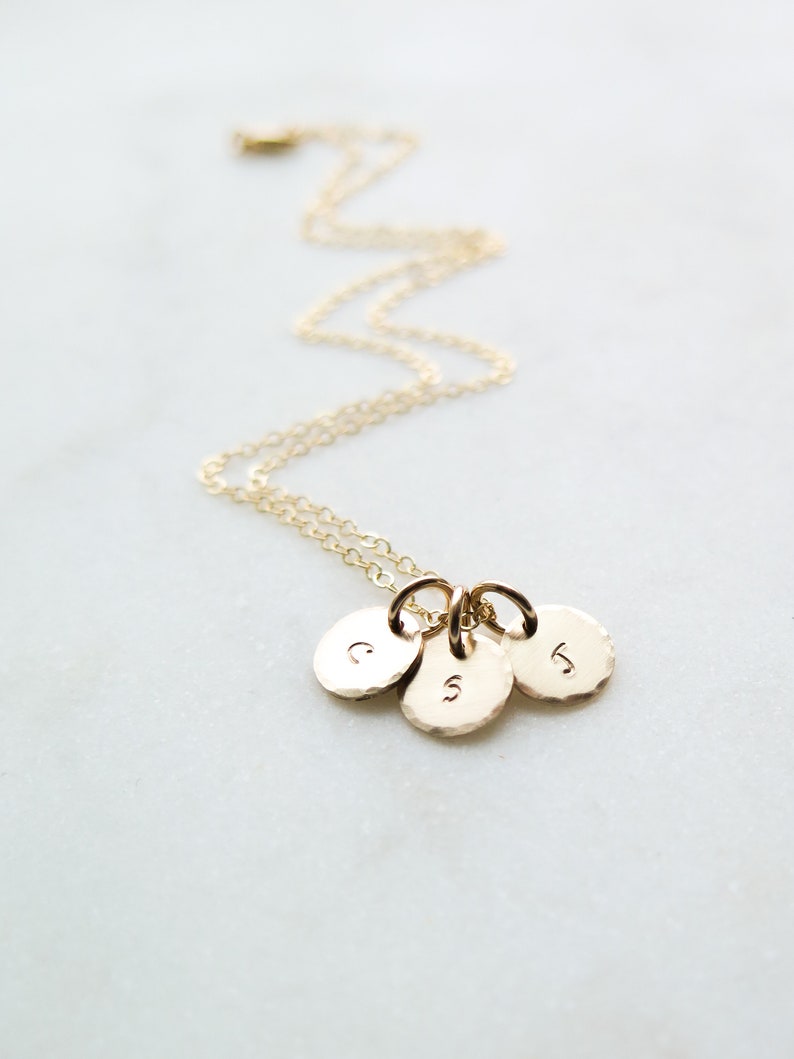 Dainty Initial Necklace / 14k Gold Fill Hand Stamped Tiny Discs Necklace Personalized Customizable by Betsy Farmer Designs image 8