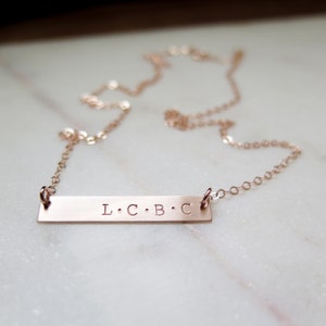 Custom Bar Necklace with Initials 14k Rose Gold Fill Necklace Hand Stamped Jewelry by Betsy Farmer Designs Dainty Jewelry Gift image 4