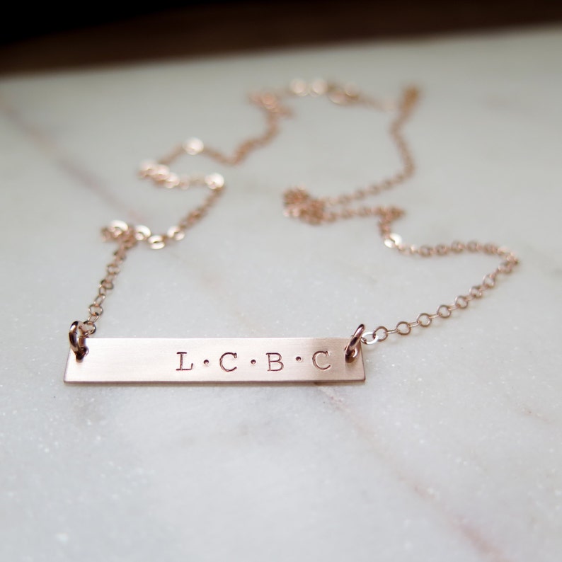 Custom Bar Necklace with Initials 14k Rose Gold Fill Necklace Hand Stamped Jewelry by Betsy Farmer Designs Dainty Jewelry Gift image 4