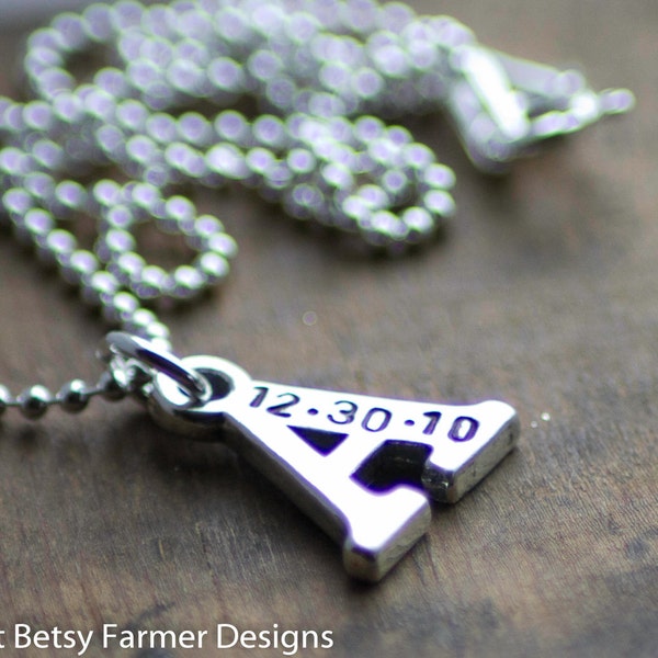 ONE Initial - Hand Stamped Jewelry with Birthdate - Sterling Silver Letter Charm