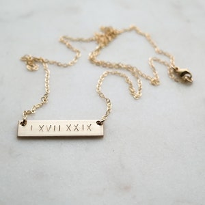 Double Sided Roman Numeral Thick Gold Bar Necklace 14k Gold Fill Hand Stamped Jewelry Layering Necklace by Betsy Farmer Designs image 5