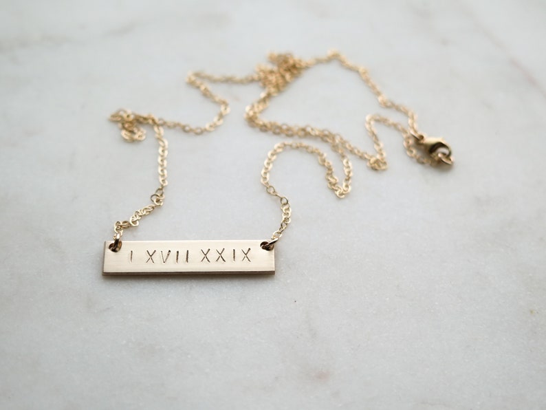 Double Sided Roman Numeral Thick Gold Bar Necklace 14k Gold Fill Hand Stamped Jewelry Layering Necklace by Betsy Farmer Designs image 5