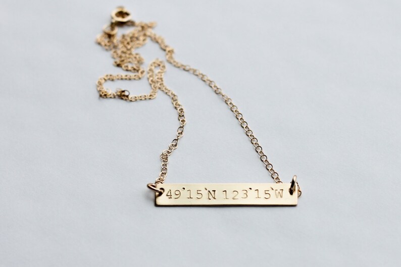 Coordinates Latitude and Longitude Customized Gold Bar Coordinate Jewelry Hand Stamped Jewelry Necklace by Betsy Farmer Designs image 3