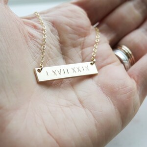 Double Sided Roman Numeral Thick Gold Bar Necklace 14k Gold Fill Hand Stamped Jewelry Layering Necklace by Betsy Farmer Designs image 2