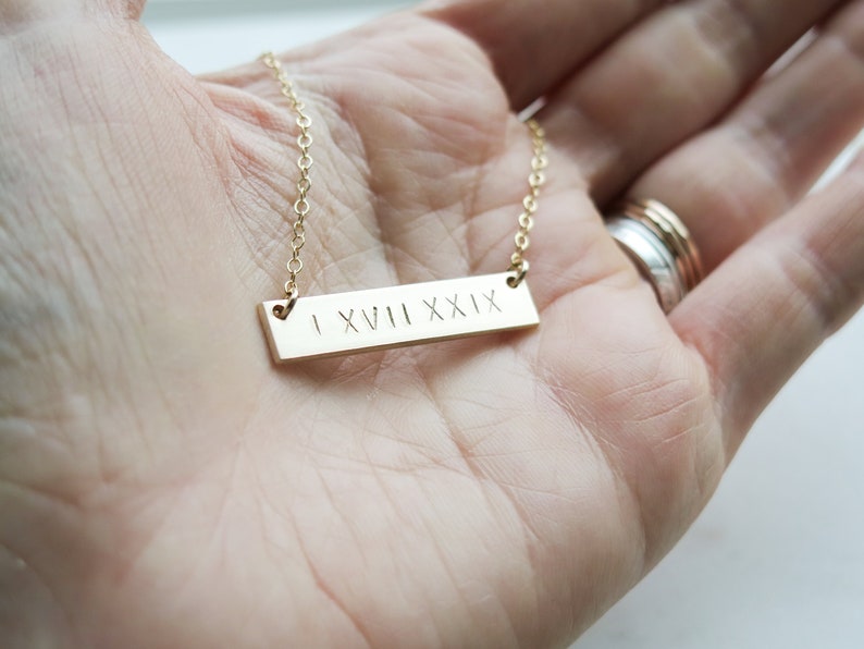 Double Sided Roman Numeral Thick Gold Bar Necklace 14k Gold Fill Hand Stamped Jewelry Layering Necklace by Betsy Farmer Designs image 2