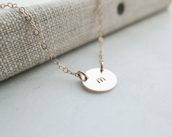 Gold Initial Necklace - Dainty 14k Gold Fill Hand Stamped Jewelry by Betsy Farmer Designs