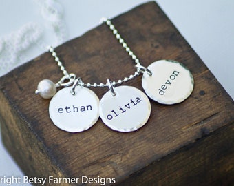 Three Names Hand Stamped Jewelry Personalized Sterling Silver Necklace